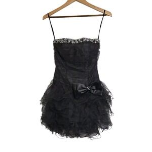 Cindy USA Black Sequin Rhinestone Tulle Strapless Cocktail Prom Dress Size XS